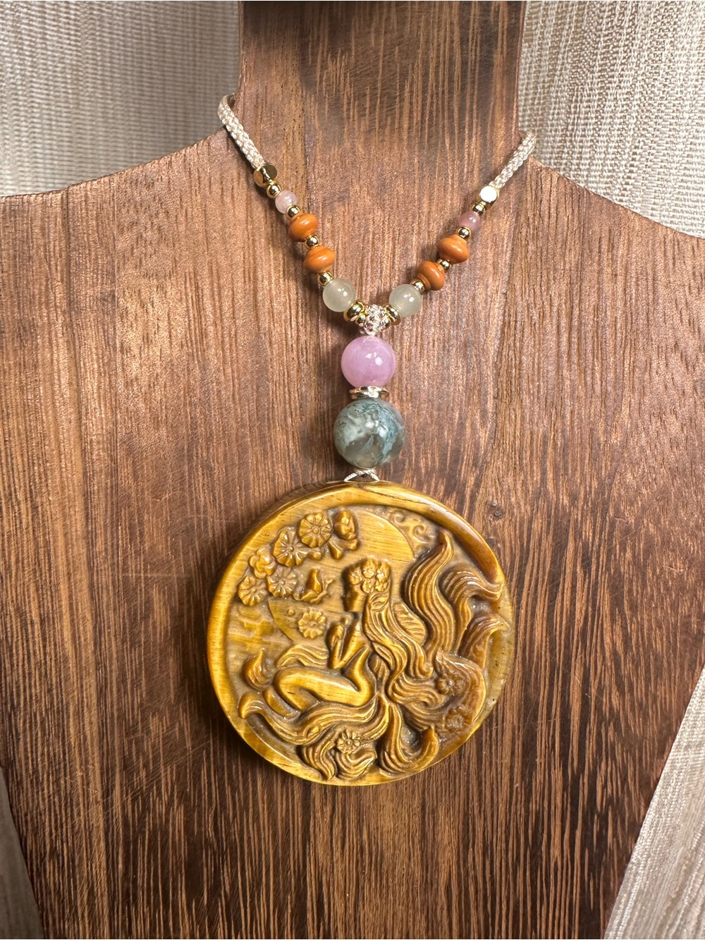 Tiger’s Eye Fairy Pendant with Kunzite and Moss Agate on Adjustable Beaded Rope - Picture 6 of 12